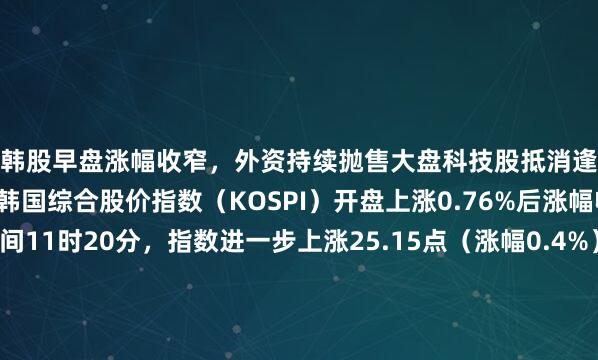 【韩股早盘涨幅收窄，外资持续抛售大盘科技股抵消逢低买盘】(1) 周一上午，韩国综合股价指数（KOSPI）开盘上涨0.76%后涨幅收窄。截至当地时间11时20分，指数进一步上涨25.15点（涨幅0.4%），报6283.92点。(2) 外资投资者继续抛售大盘科技股，净卖出约6197亿韩元（约合4.378亿美元）。(3) 散户与机构投资者尝试逢低吸纳，合计净买入5982亿韩元，但被外资的抛售额基本抵消。
